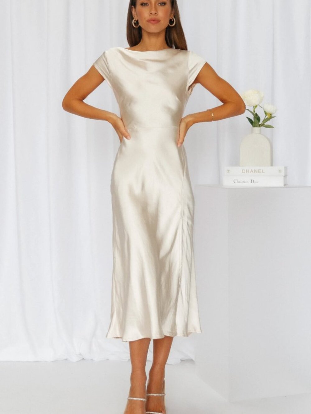 Here Comes The Sun Silk Champagne/Beige Cap Sleeve Cowl Midi Dress NWT - XS